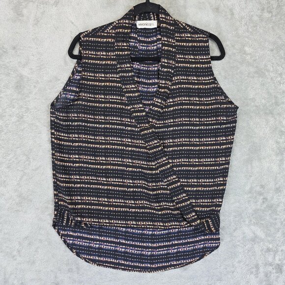 Veronica M Shirt Womens Large Black Multicolor Surplice Wrap Sleeveless Made USA - Picture 1 of 9